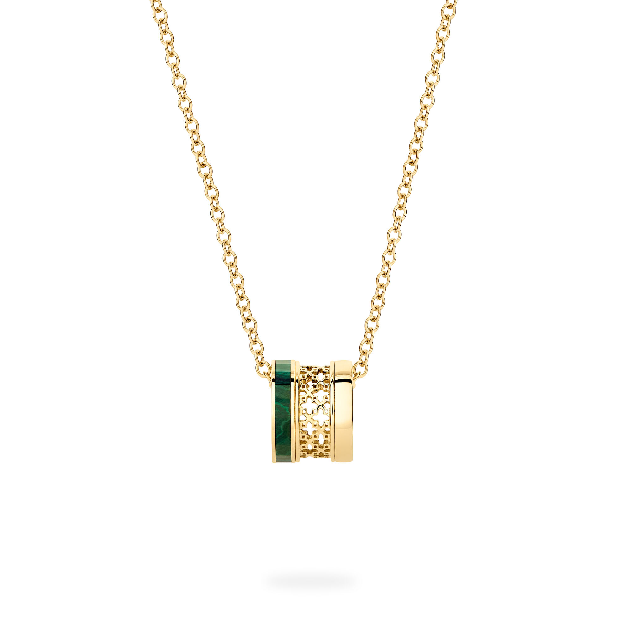 Birks Dare to Dream Malachite Barrel Pendant Necklace 18k Yellow Gold